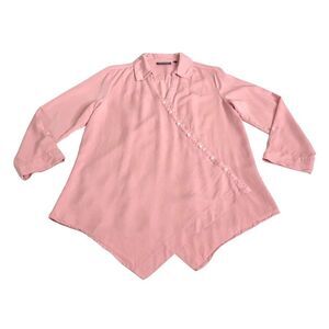 T&W Designs Top Womens L Pink Faux Pearl Wrap Tunic Tencel Roll Tab Asymmetrical